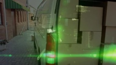 Kafkasyalı depo çalışanları üzerinde dijital arayüz animasyonu. küresel gönderim, dağıtım, iş, veri işleme ve teknoloji konsepti dijital olarak oluşturulmuş video.