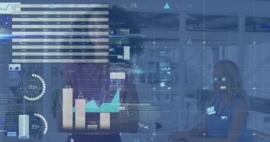 Animation of data processing over smiling african american businesswoman. global business, finances, connections and digital interface concept digitally generated video.