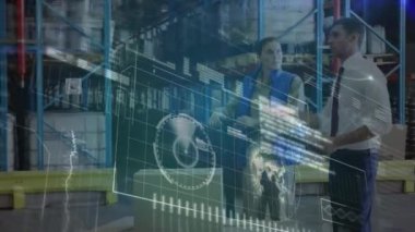 Animation of data processing over diverse male warehouse workers. business, technology and delivery services concept digitally generated video.