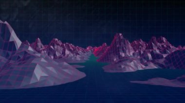 Karanlık arka planda dijital manzara animasyonu. Video oyunu, eğlence ve dijital arayüz kavramı dijital olarak oluşturuldu.