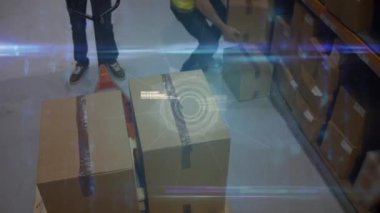 Animation of data processing and globe over diverse male warehouse workers. business, technology and delivery services concept digitally generated video.