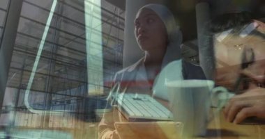 Animation of sleeping muslim man over business muslim woman. global business, success, connections and data processing concept digitally generated video.