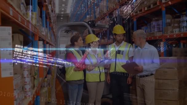 Animatie Van Digitale Interface Diverse Groepen Magazijnmedewerkers Global Shipping Delivery — Stockvideo