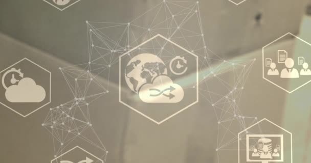 Анімація Мережі Язків Піктограмами Розмитому Фоні Концепція Глобального Бізнесу Цифрового — стокове відео