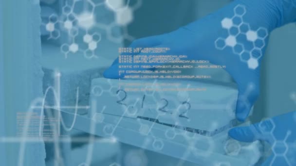 Animação Processamento Dados Sobre Cientista Laboratório Conceito Global Ciência Interface — Vídeo de Stock