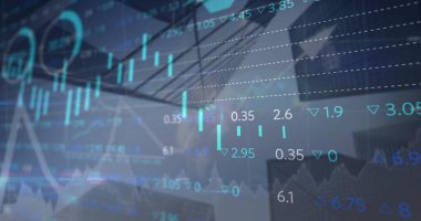 Mimari üzerine finansal verilerin ve grafiklerin resmi. küresel finans, ekonomi, iş ve teknoloji konsepti dijital olarak oluşturulmuş imaj.