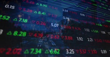 Şehirdeki finansal verilerin ve grafiklerin resmi. küresel finans, ekonomi, iş ve teknoloji konsepti dijital olarak oluşturulmuş imaj.