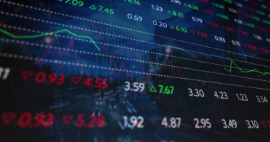 Şehirdeki finansal verilerin ve grafiklerin resmi. küresel finans, ekonomi, iş ve teknoloji konsepti dijital olarak oluşturulmuş imaj.