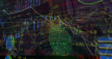 Finansal veriler, grafikler ve şehrin her yerinde parmak izi olan asma kilit. küresel finans, ekonomi, iş dünyası, güvenlik ve teknoloji konsepti dijital olarak oluşturulmuş görüntü.
