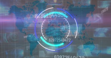 Çemberin işleme görüntüsü ve çeşitli veriler ve dünya haritası üzerinde değişen sayılar. küresel bağlantılar, teknoloji ve dijital arayüz kavramı dijital olarak oluşturulmuş görüntü.
