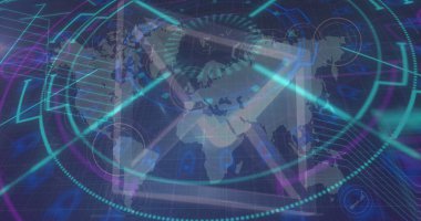 Donanma arkaplanındaki dünya haritasında çember işleme ve e- posta simgesi resmi. küresel bağlantılar, teknoloji ve dijital arayüz kavramı dijital olarak oluşturulmuş görüntü.