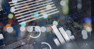 Beyaz erkek depo çalışanları üzerinde grafikler ve finansal veriler. finans, ekonomi, iş ve paket kavramı dijital olarak oluşturulmuş görüntü.