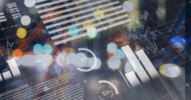 Beyaz erkek depo çalışanları üzerinde grafikler ve finansal veriler. finans, ekonomi, iş ve paket kavramı dijital olarak oluşturulmuş görüntü.