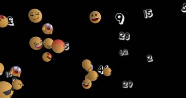 Siyah arkaplanda rakamların üzerinde yüzen emoji simgeleri. küresel çevrimiçi sosyal medya, bağlantı ve iletişim konsepti dijital olarak oluşturuldu.