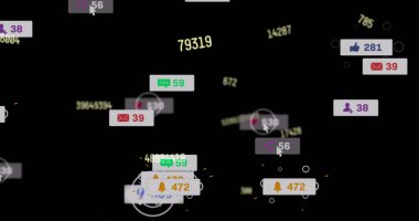 Siyah arkaplanda değişen numaralar üzerinde yüzen sosyal medya simgelerinin resmi. küresel çevrimiçi sosyal medya, bağlantı ve iletişim konsepti dijital olarak oluşturuldu.