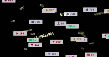 Siyah arkaplanda değişen numaralar üzerinde yüzen sosyal medya simgelerinin resmi. küresel çevrimiçi sosyal medya, bağlantı ve iletişim konsepti dijital olarak oluşturuldu.