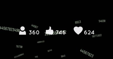 Siyah arkaplan üzerine düşen sosyal medya simgeleri ve numaralarının resmi. küresel sosyal medya, ağ oluşturma ve iletişim konsepti dijital olarak oluşturulmuş görüntü.