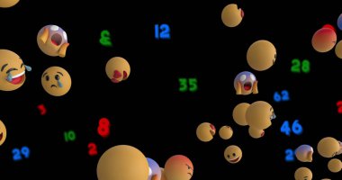 Yüzen emoji simgelerinin resmi ve siyah arkaplanda numaralar. küresel çevrimiçi sosyal medya, bağlantı ve iletişim konsepti dijital olarak oluşturuldu.