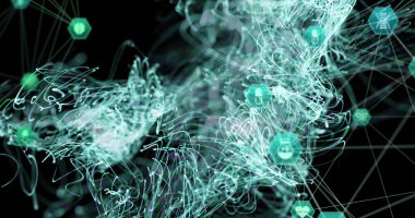 Siyah arkaplanda dönen tıbbi simge ağı görüntüsü. Online küresel tıp ve bilim konsepti dijital olarak oluşturulmuş görüntü.