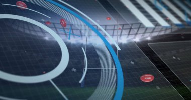 Arka plandaki spor stadyumuna düşen rugby toplarının üzerindeki japan baskısını işliyor. spor ve yarışma konsepti