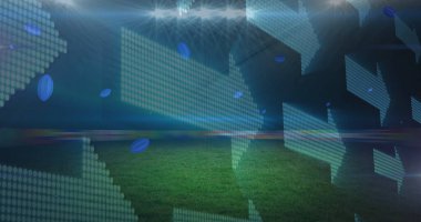 Arka planda spor stadyumuna düşen rugby toplarının üzerinde birden fazla ok ve uruguay baskısı var. spor ve yarışma konsepti