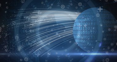 Dünya üzerinde ikili kodlamaya karşı yüzen çoklu dijital simgelerin dijital görüntüsü. bilgisayar arayüzü ve teknoloji kavramı