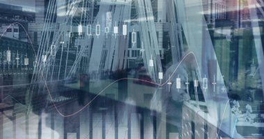 Ofisteki iş adamları üzerinde istatistik ve finansal veri işleme görüntüsü. iş, finans ve veri işleme kavramı dijital olarak oluşturulmuş görüntü.