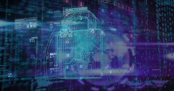 Image of warning data processing, online security padlock and circuit board. global online security, computing, data processing and technology concept digitally generated image.