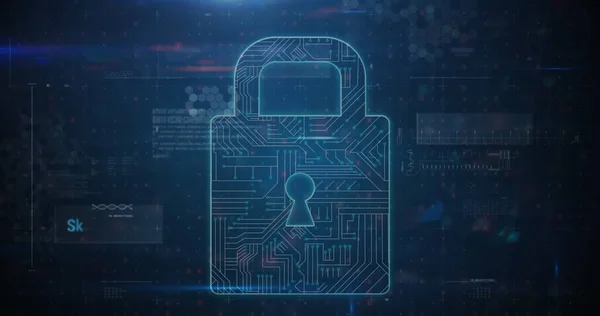 Image of warning data processing, online security padlock and circuit board. global online security, computing, data processing and technology concept digitally generated image.