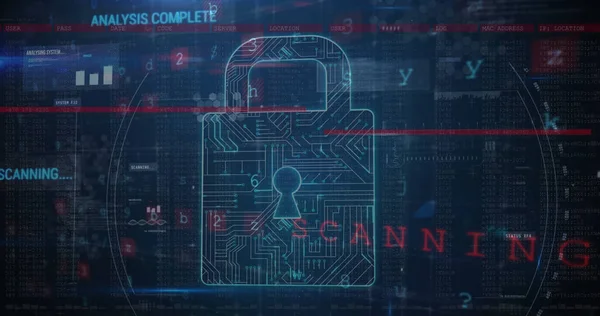 Image of warning data processing, online security padlock and circuit board. global online security, computing, data processing and technology concept digitally generated image.