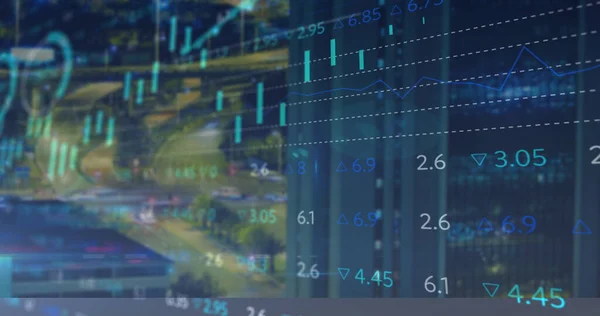 Bild Finansiella Data Och Diagram Över Stadsbilden Globalt Finans Ekonomi — Stockfoto