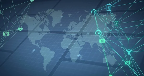 Image of network of connections over world map and processing circle. global connections, technology and digital interface concept digitally generated image.