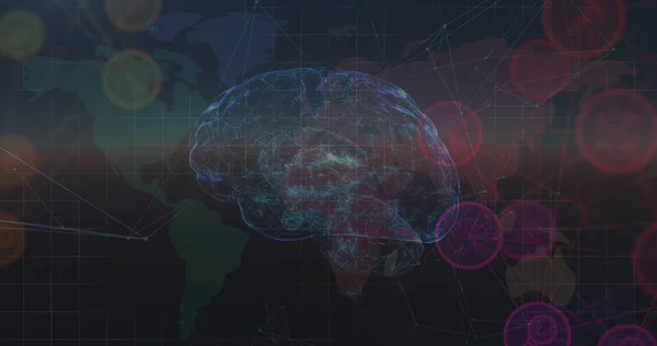 Image of rotating brain with connections over world map and diverse data. global connections, human mind, technology and digital interface concept digitally generated image.