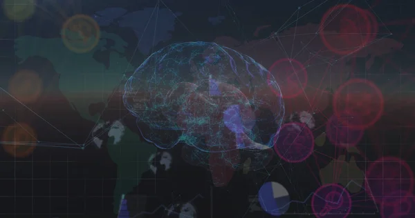 世界地図上の接続と多様なデータで脳を回転させるイメージ グローバル接続 人間の心 テクノロジー デジタルインターフェースの概念がデジタルで生成されたイメージ — ストック写真