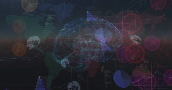 Image of rotating brain with connections over world map and diverse data. global connections, human mind, technology and digital interface concept digitally generated image.