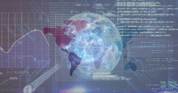 Image of diverse data processing over globe. global connections, technology and digital interface concept digitally generated image.