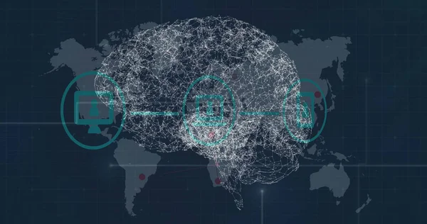 Obraz Obracającego Się Mózgu Połączeniami Nad Ikonami Mapą Świata Globalne — Zdjęcie stockowe