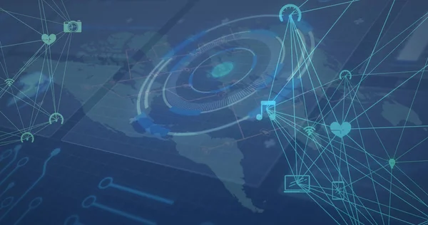 Image of network of connections over world map and processing circle. global connections, technology and digital interface concept digitally generated image.