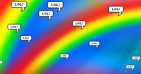 数字图像中的多个语音气泡 文字在彩虹背景下飘浮 社交媒体网络和技术概念 — 图库照片