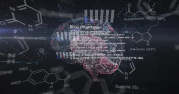 Image of chemical formulas and data processing over rotating brain on black background. digital security, biometric data, science and technology concept digitally generated image.