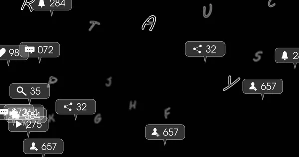 Bild Sociala Medier Ikoner Och Siffror Faller Över Svart Bakgrund — Stockfoto