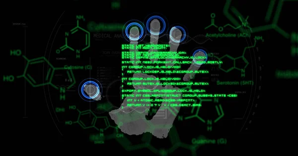 Image of chemical formulas and data processing over fingerprints on black background. digital security, biometric data, science and technology concept digitally generated image.