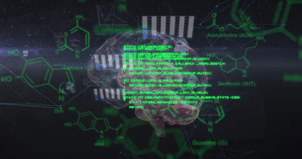Εικόνα Χημικών Τύπων Και Επεξεργασίας Δεδομένων Πάνω Από Περιστρεφόμενο Εγκέφαλο — Φωτογραφία Αρχείου
