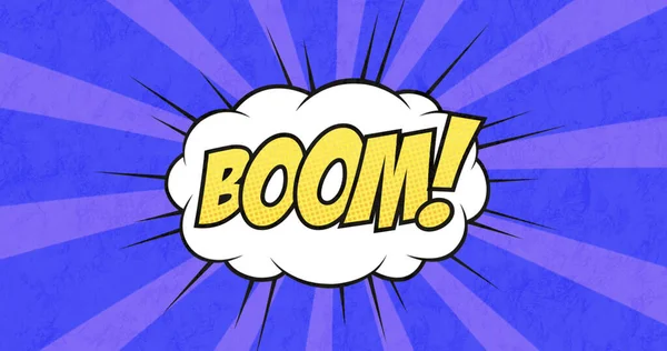 Image of boom text on retro speech bubble over purple stripes on blue background. retro communication, colour and pattern concept digitally generated image.