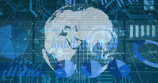 Image of diverse data and graphs over rotating globe. global finance, economy, business and digital interface concept digitally generated image.