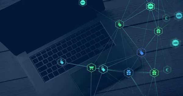 Image of globe and network of connections with icons and laptop. global connections, business and data processing concept digitally generated image.