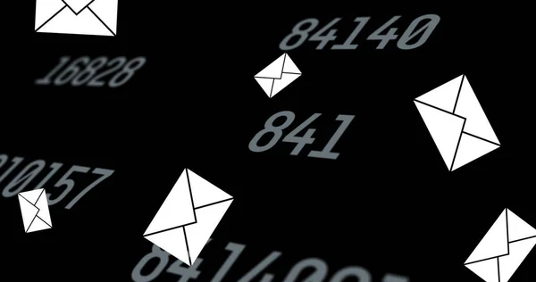 Image of envelope email icons floating and changing numbers on black background. global online social media, connection and communication concept digitally generated image.