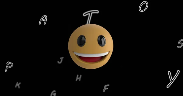 Bild Eines Smiley Emojis Das Über Buchstaben Auf Schwarzem Hintergrund — Stockfoto