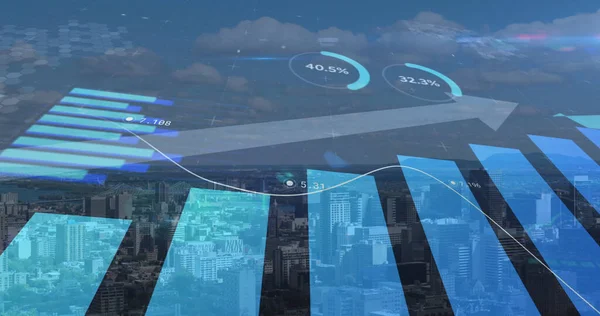 Image of statistics with arrow and financial data processing over cityscape in background. finance, business and data processing concept digitally generated image.