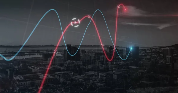 Neon Statistische Gegevensverwerking Tegen Luchtfoto Van Stadsgezichten Nachts Bedrijfstechnologie Statistiek — Stockfoto